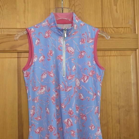 AnaClare Active Dress Size S Pink Flamingos Purple Shift Pockets Stretch - Picture 3 of 8